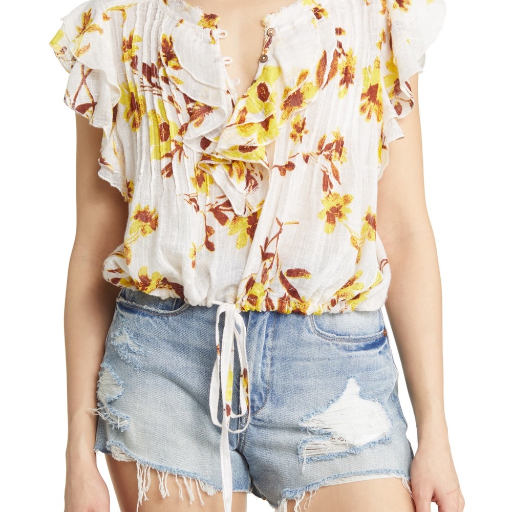 NWT Free People Naya Floral Ruffle Blouse (Ivory Combo) - Picture 1 of 9